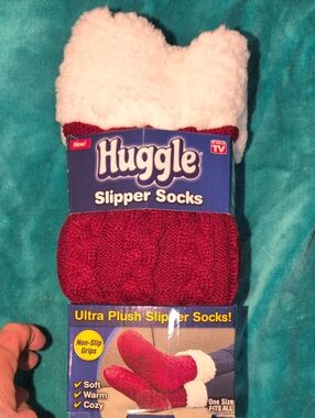 Huggle Slipper Socks - Red with White Fleece Cuff One Size Fits All